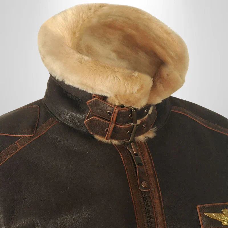 Men's shearling flight jacket close-up of tan shearling hood, dark brown leather neck zip