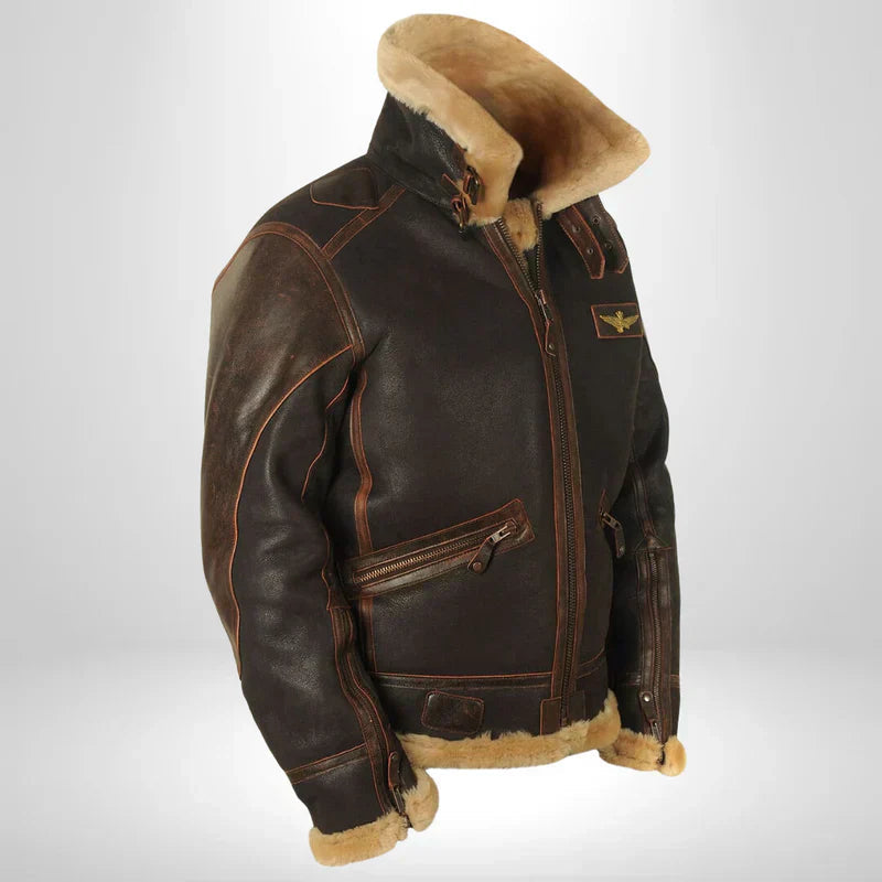 Men's shearling flight jacket side view, dark brown leather with tan shearling collar and cuffs