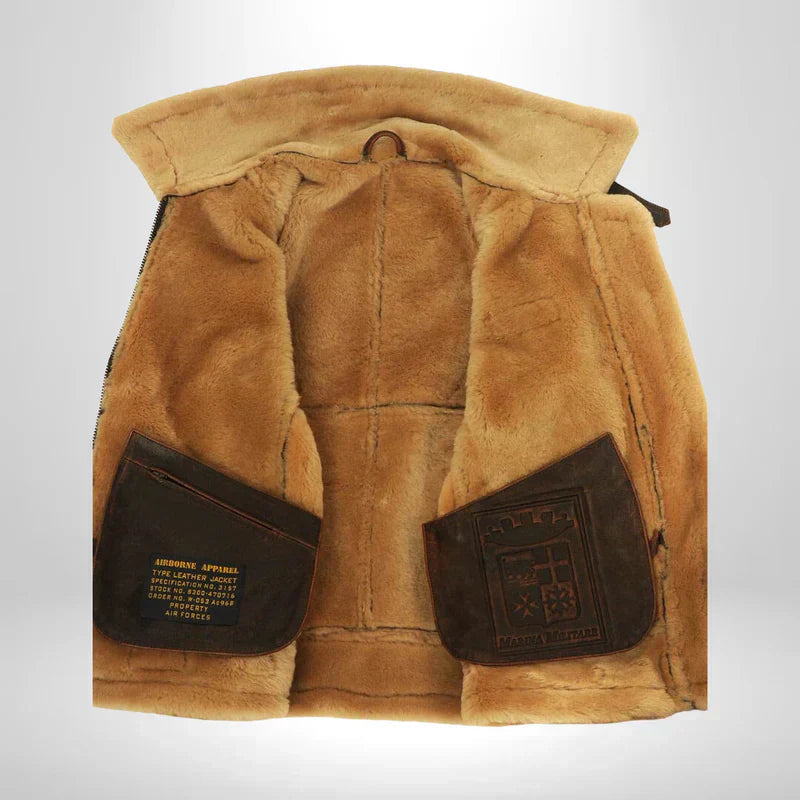 Men's shearling flight jacket inner vest panel with tan shearling and dark leather pockets