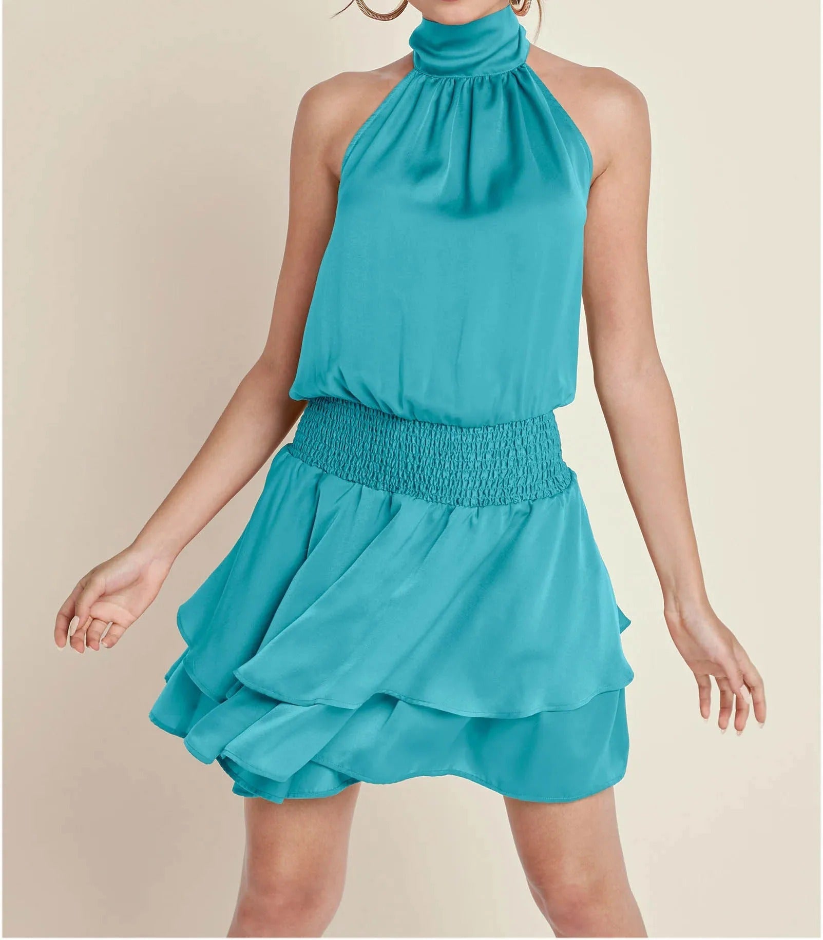 Turquoise Halter Neck Tiered Dress