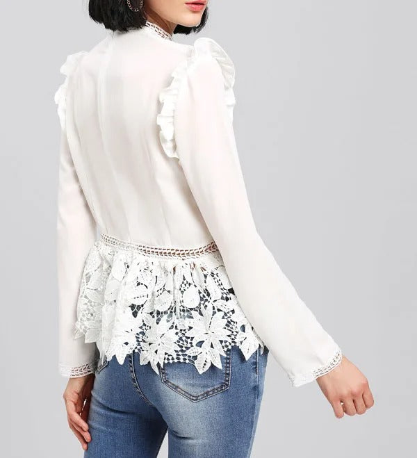 White Long Sleeve Blouse with Lace Panel and Ruffle Details