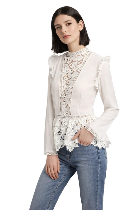 White Long Sleeve Blouse with Lace Panel and Ruffle Details