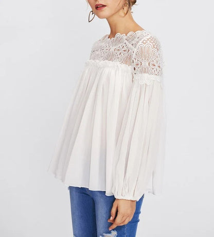 White Long Sleeve Blouse with Lace Yoke and Gathered Body