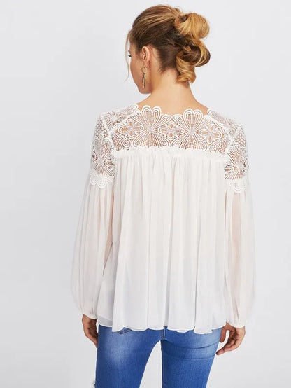White Long Sleeve Blouse with Lace Yoke and Gathered Body