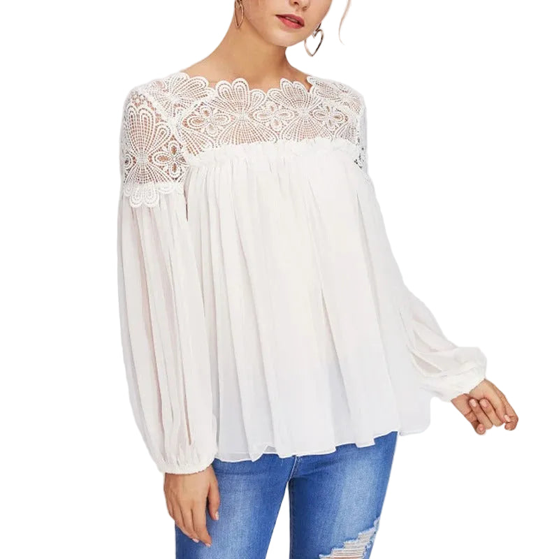 White Long Sleeve Blouse with Lace Yoke and Gathered Body