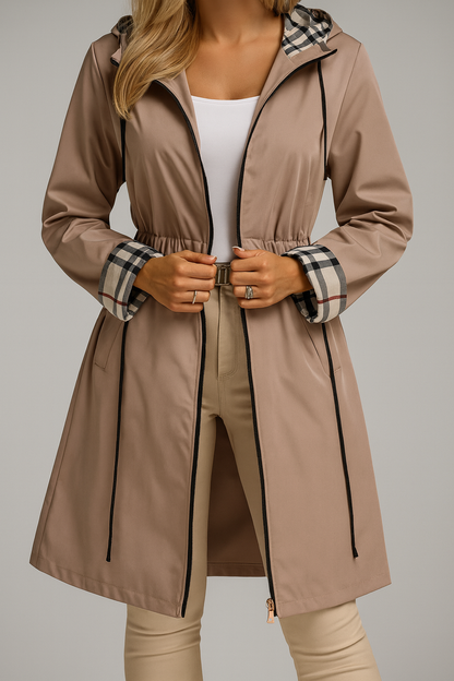 Women's hooded zip coat in beige with plaid cuffs and adjustable waist ties