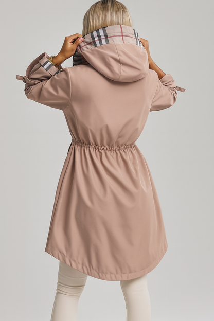 Women's hooded zip coat in beige, back view with plaid hood lining and waist ties