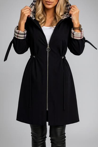 Women's hooded zip coat in black with plaid-lined cuffs and front zipper