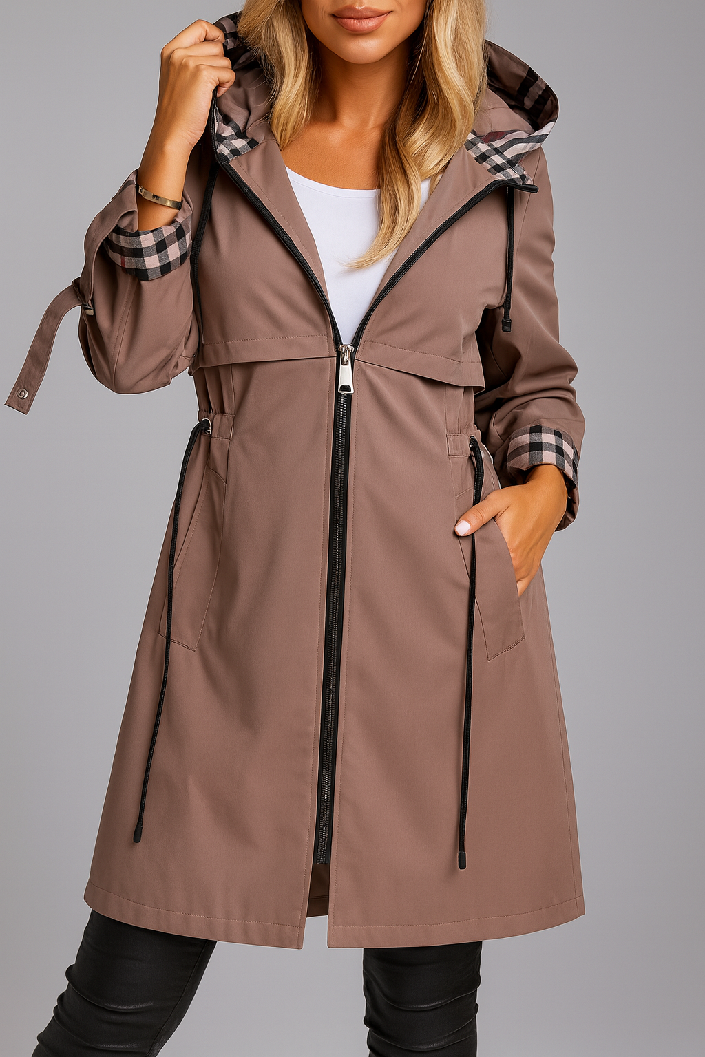 Women's hooded zip coat in brown with plaid cuffs and adjustable drawstring waist