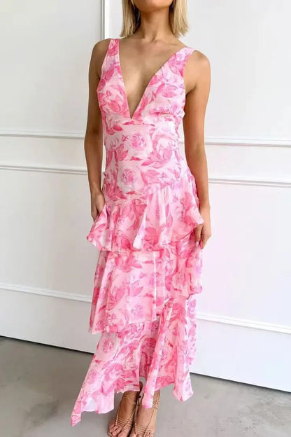 Deep V-neck tiered ruffle maxi dress, pink floral, sleeveless with layered ruffle hem.