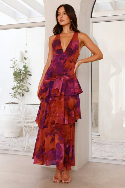 Deep V-neck tiered ruffle maxi dress, burgundy floral, sleeveless with layered ruffles.