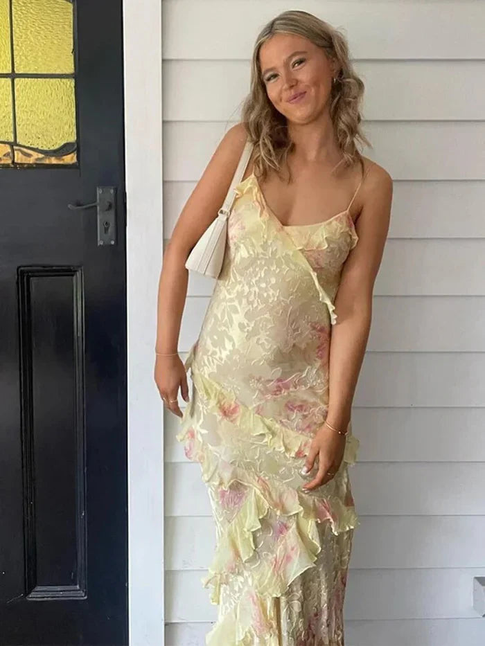 Ruffled tiered maxi dress with spaghetti straps in pastel floral print, front view