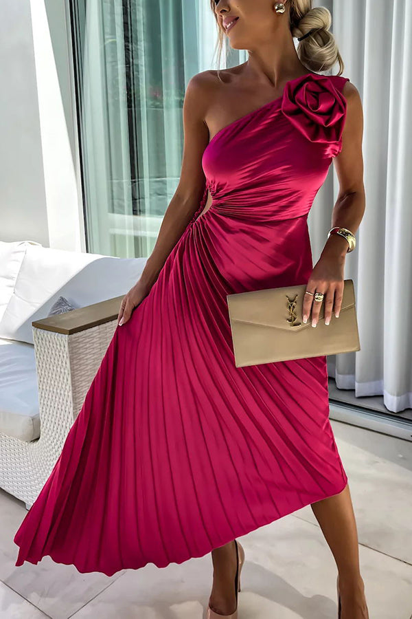 One-shoulder pleated maxi dress in fuchsia with side cutout and rosette shoulder detail