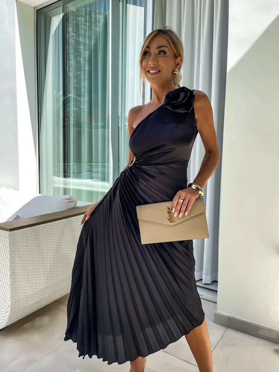 One-shoulder pleated maxi dress in dark navy with side cutout and draped bodice