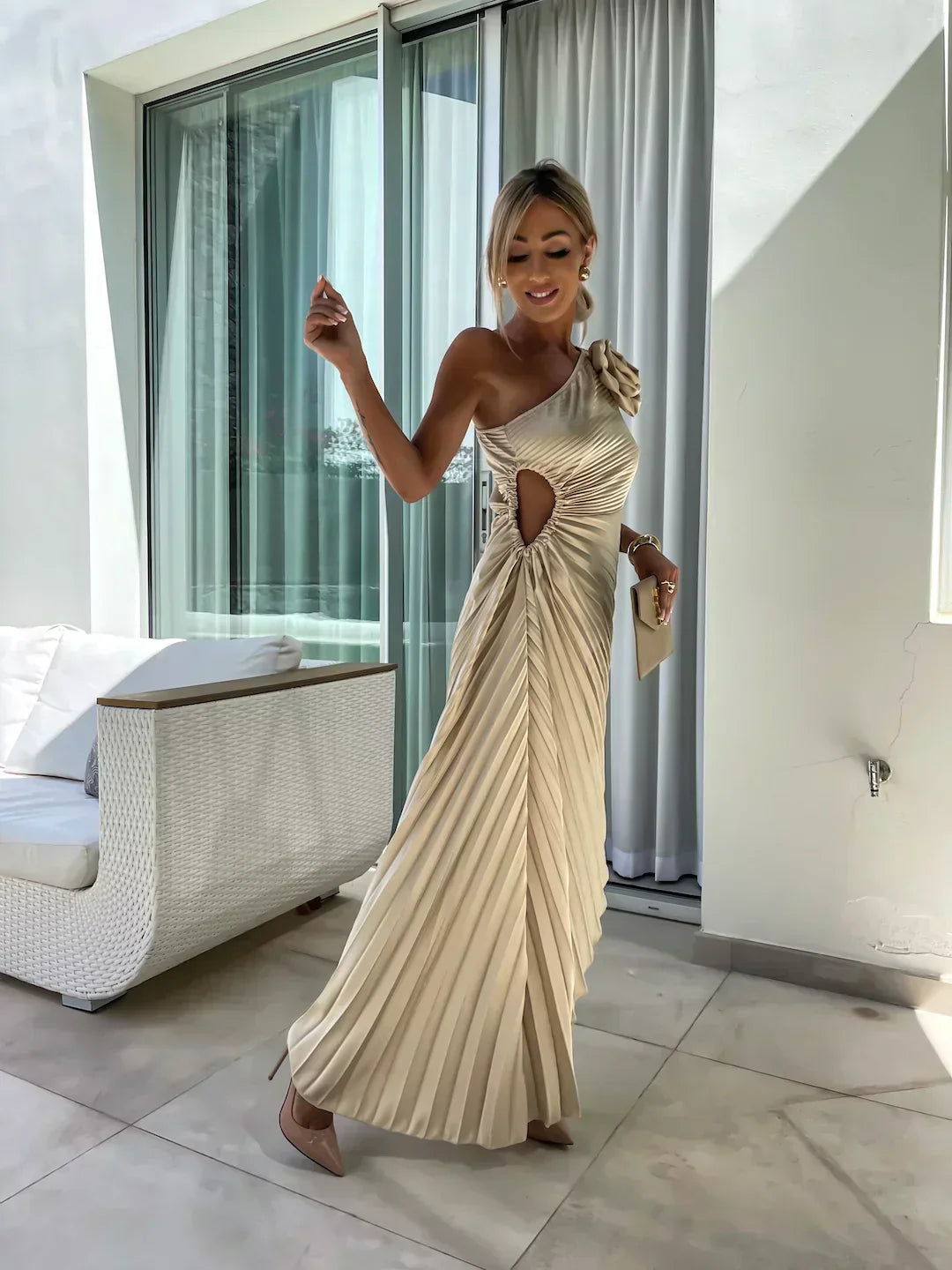 One-shoulder pleated maxi dress in beige with side cutout and draped bodice