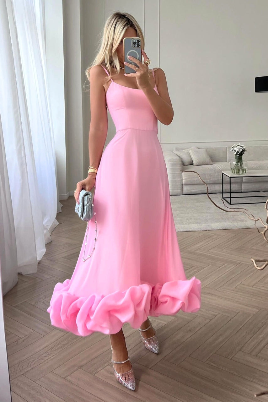 Pink midi dress with scoop neck and spaghetti straps, A-line skirt with ruffle hem