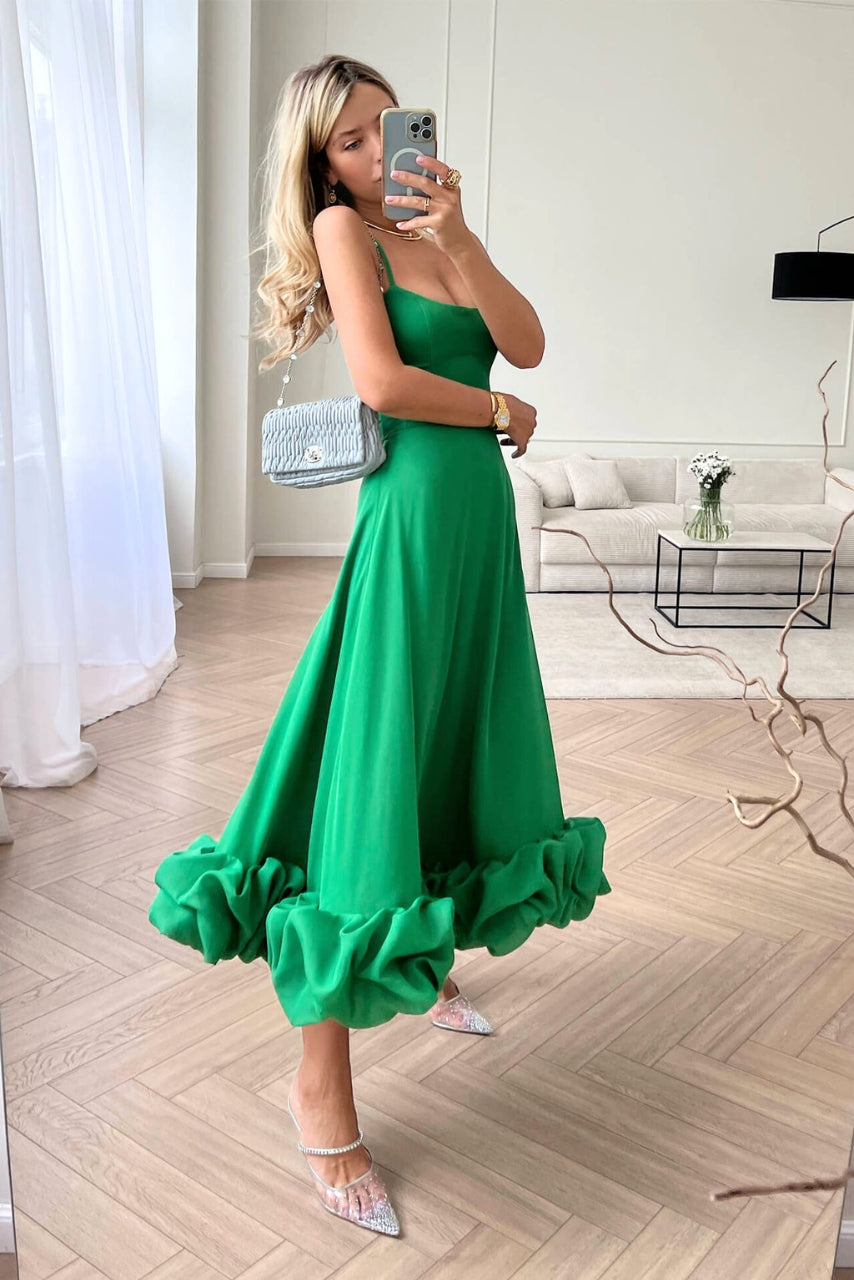 Green midi dress with scoop neck and spaghetti straps, A-line skirt with ruffle hem