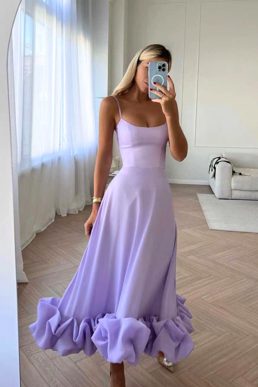 Lavender midi dress with scoop neck, spaghetti straps, A-line skirt and ruffle hem