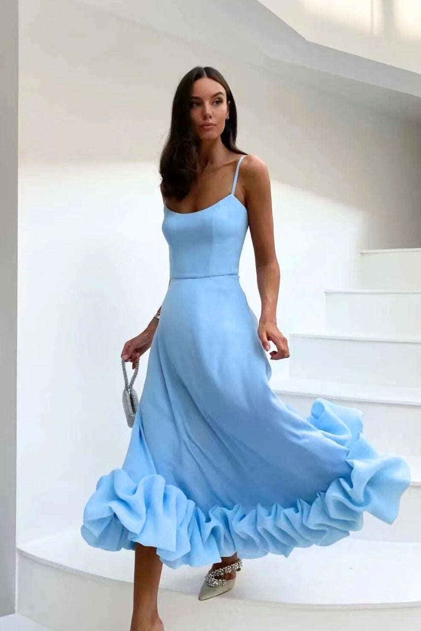 Light blue midi dress with scoop neck and spaghetti straps, A-line skirt with ruffle hem