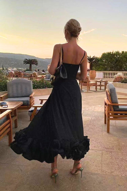 Black midi dress with scoop neck and spaghetti straps, A-line skirt with ruffled hem