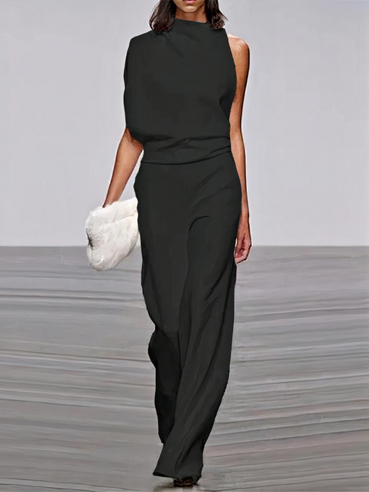 Black sleeveless wide-leg jumpsuit with high neckline and fitted waist.