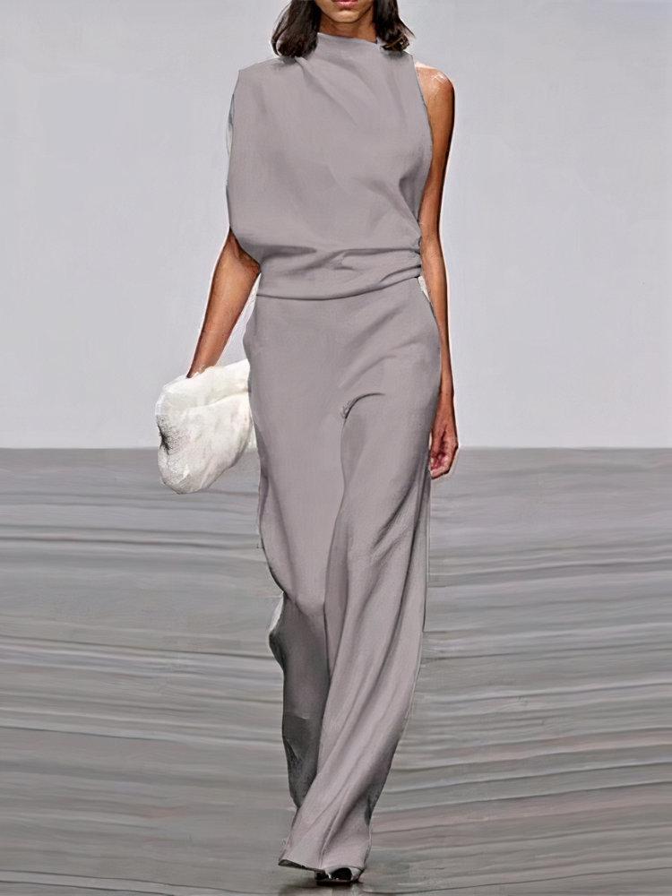 Light gray sleeveless wide-leg jumpsuit with high neckline and fitted waist.