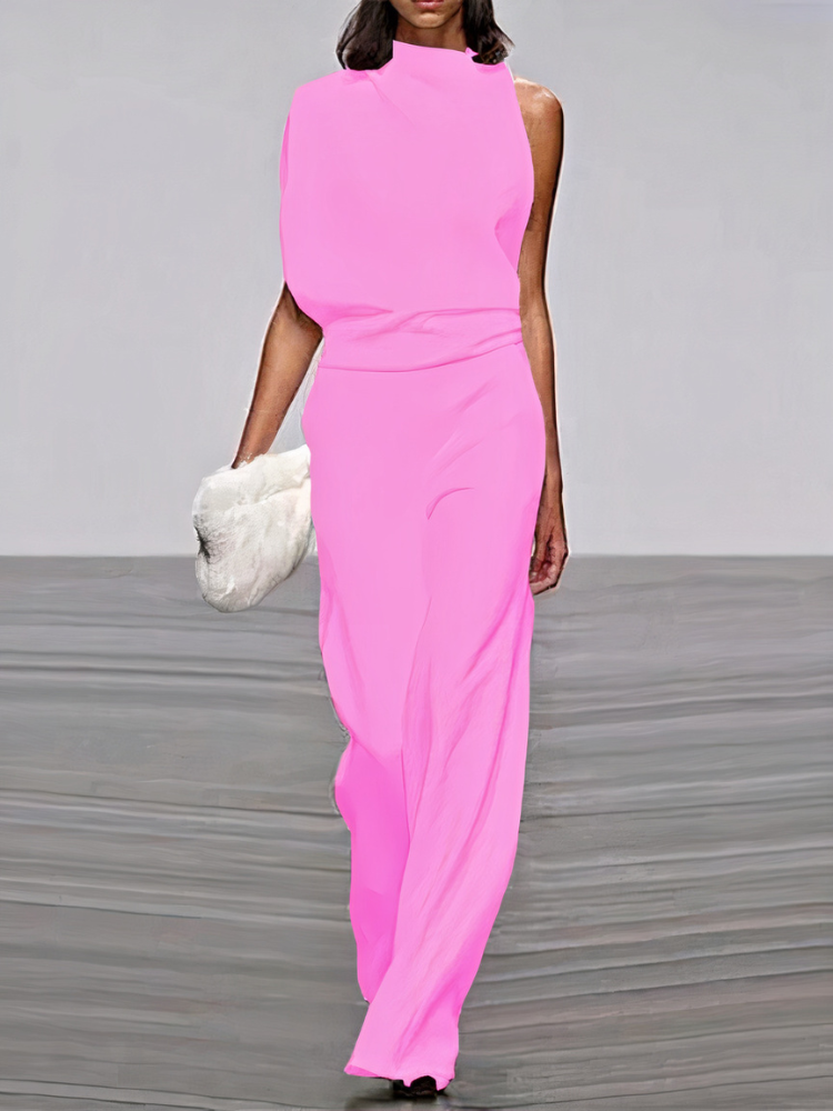 Bright pink sleeveless wide-leg jumpsuit with high neckline and fitted waist.