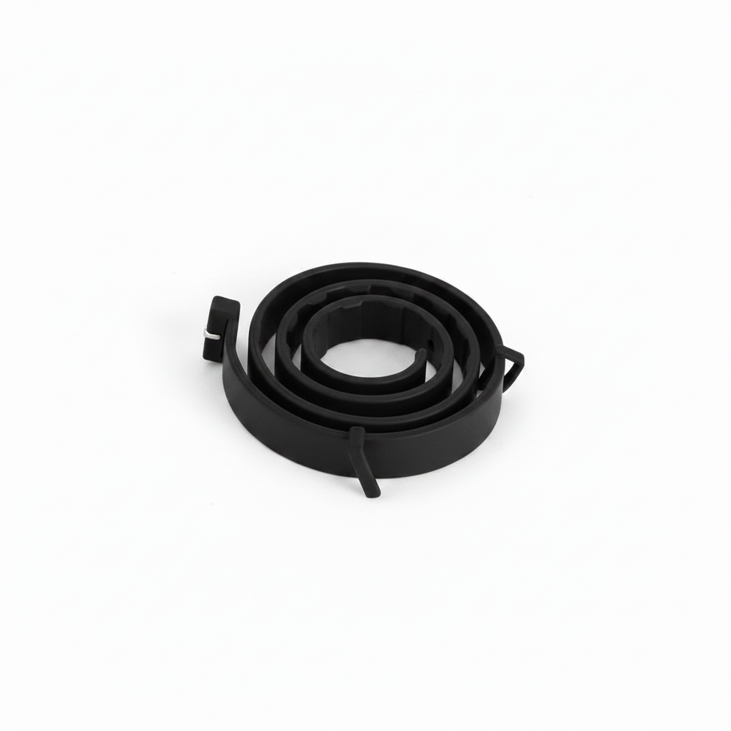 Adjustable pet calming collar, coiled black strap with buckle and release tab