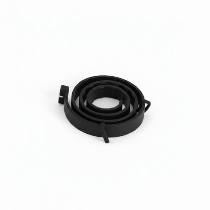 Adjustable pet calming collar, coiled black strap with buckle and release tab