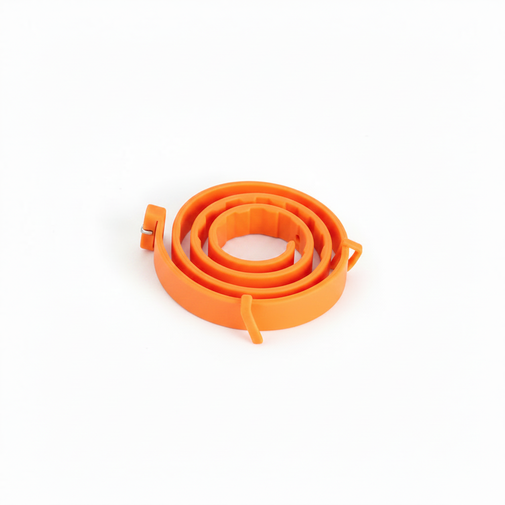 Adjustable pet calming collar, coiled orange strap with buckle and release tab