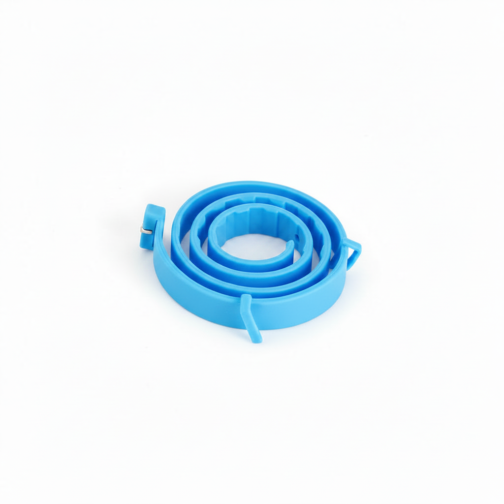 Adjustable pet calming collar, coiled sky blue strap with buckle and release tab