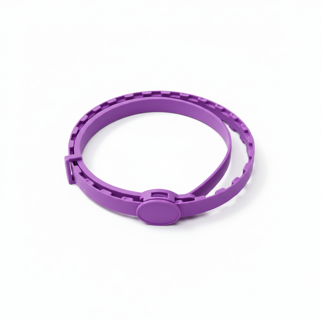Adjustable pet calming collar, purple segmented band with slide clasp
