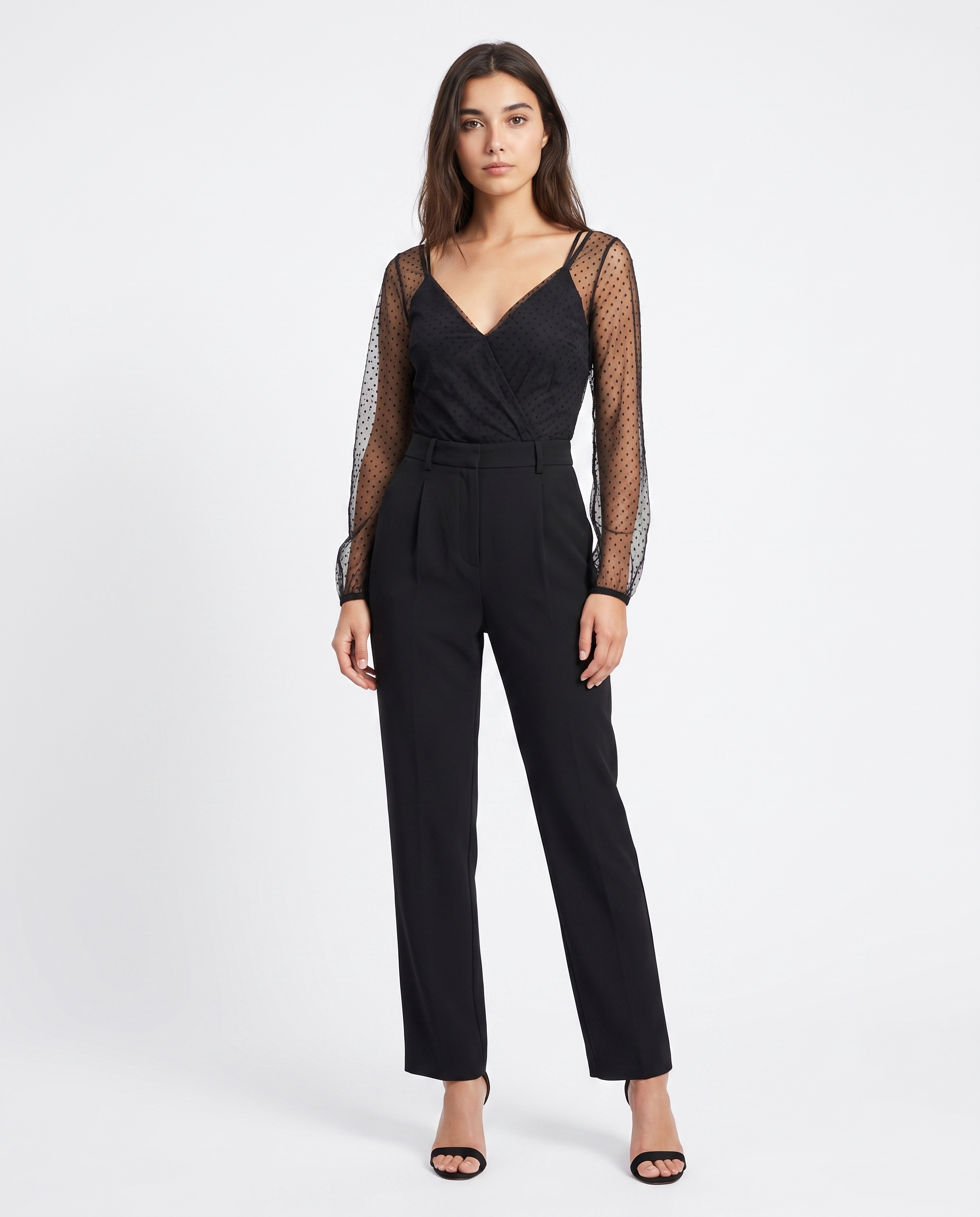 Women's black jumpsuit with sheer dotted sleeves and wide-leg trousers, ankle length