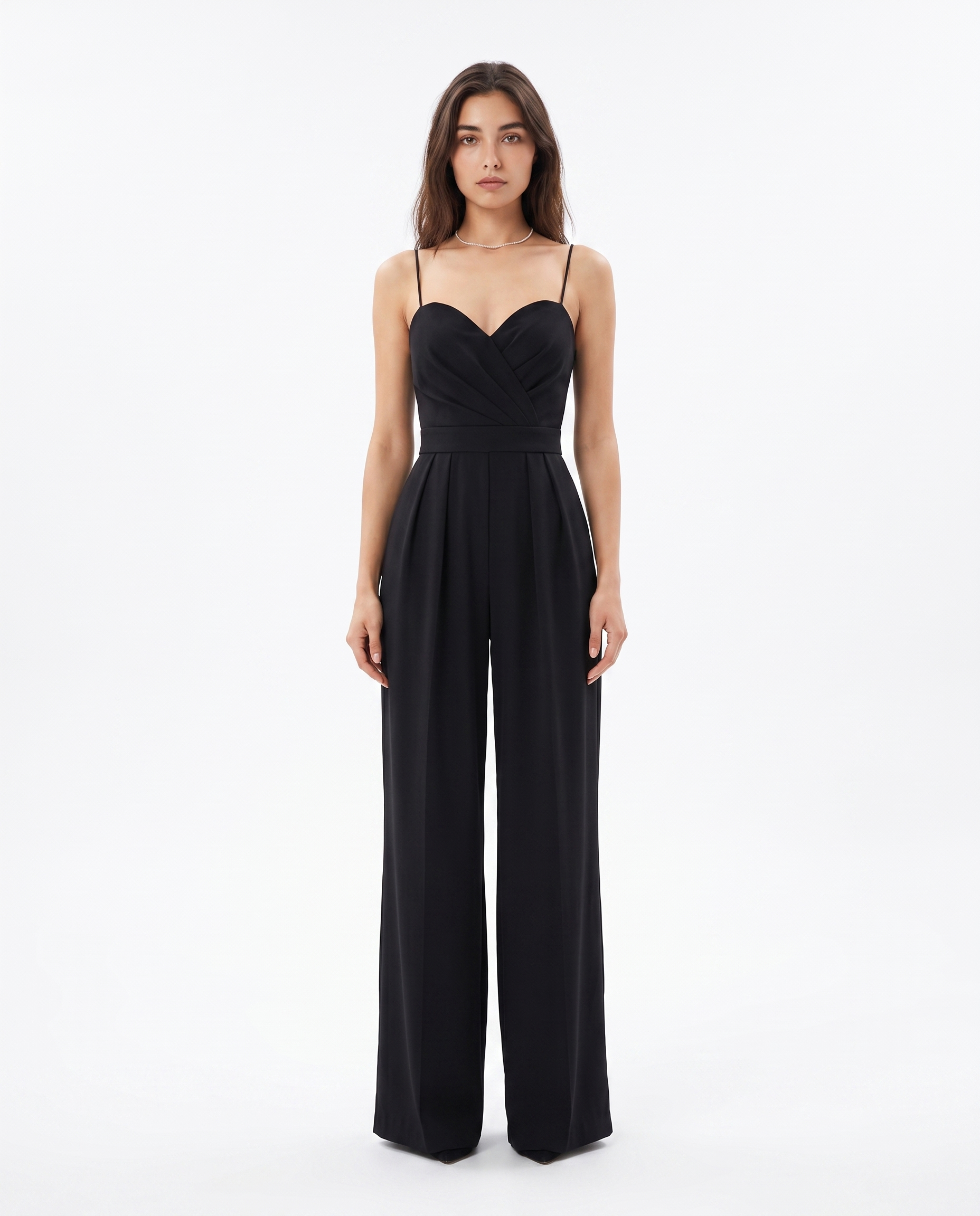 Black strappy wide-leg jumpsuit with sweetheart neckline and gathered waist