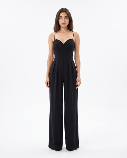 Black strappy wide-leg jumpsuit with sweetheart neckline and gathered waist