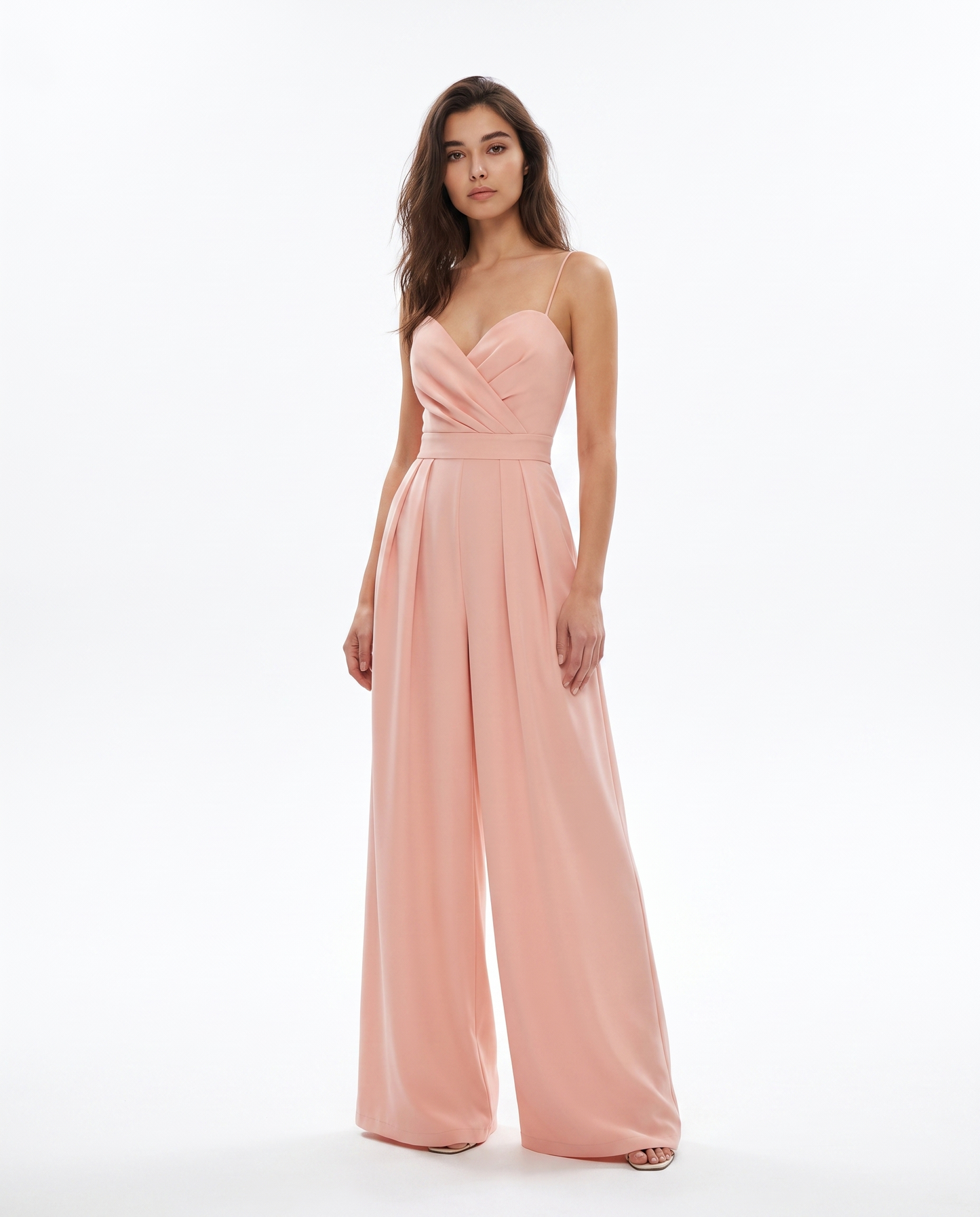 Pink strappy wide-leg jumpsuit with sweetheart neckline and flowing wide pants