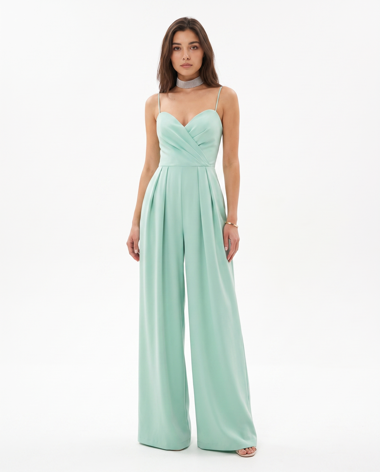 Turquoise strappy wide-leg jumpsuit with sweetheart bodice and wide flowing legs