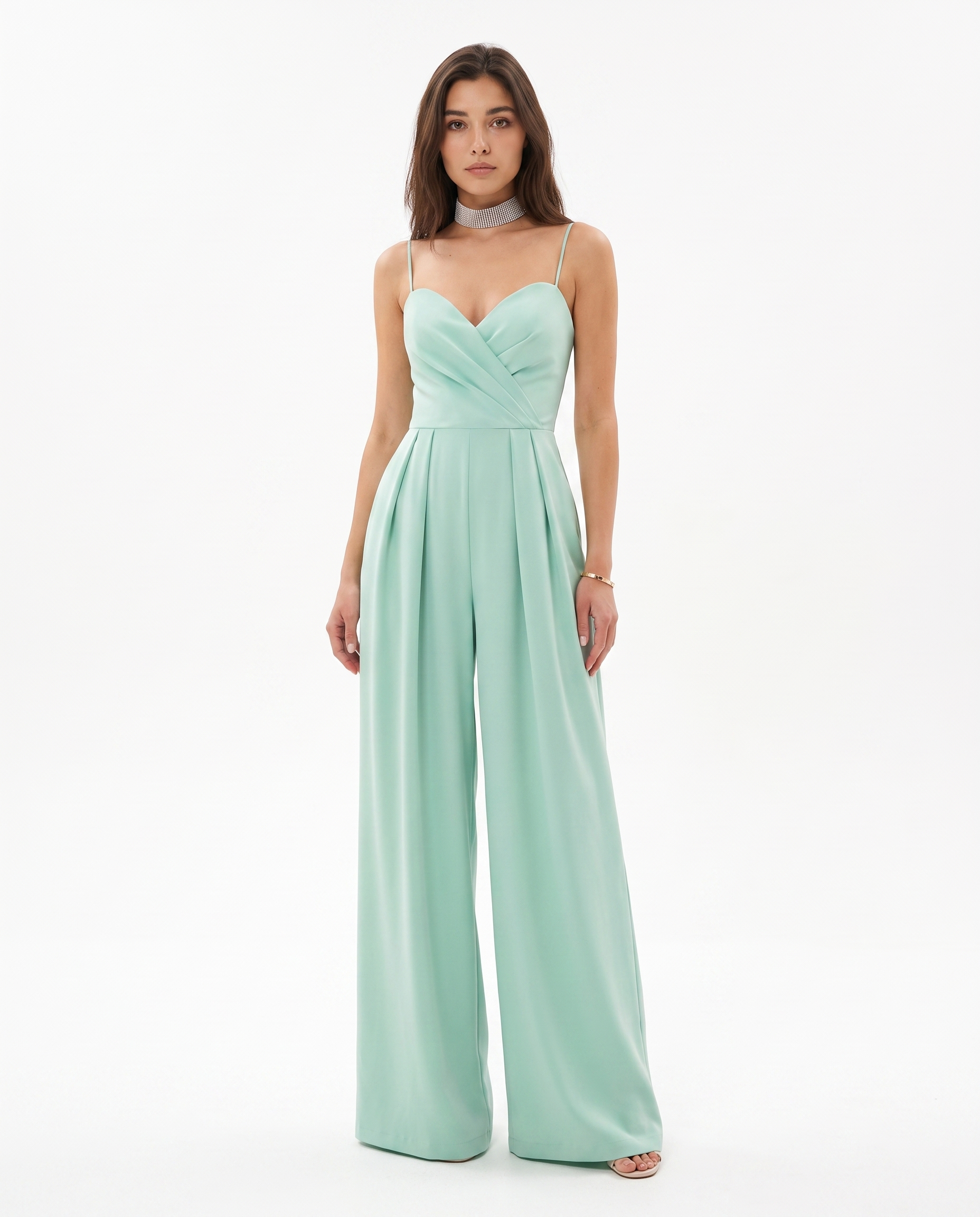 Turquoise strappy wide-leg jumpsuit with sweetheart bodice and wide flowing legs