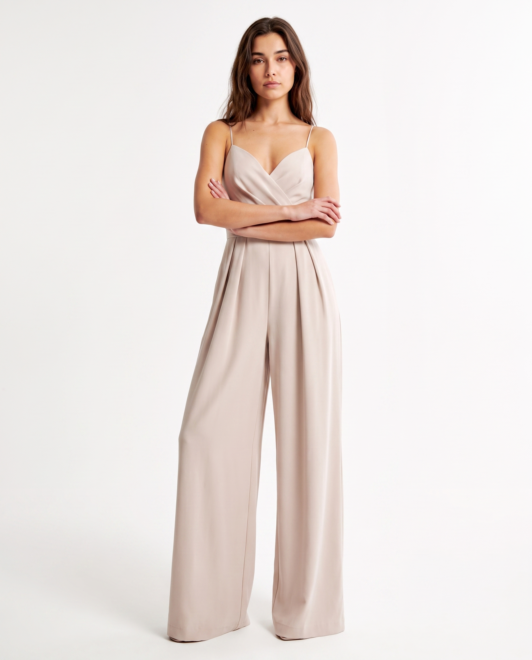 Apricot strappy wide-leg jumpsuit with sweetheart neckline and relaxed wide legs