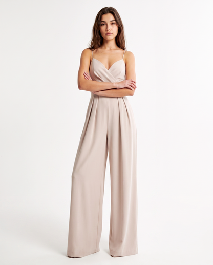 Apricot strappy wide-leg jumpsuit with sweetheart neckline and relaxed wide legs