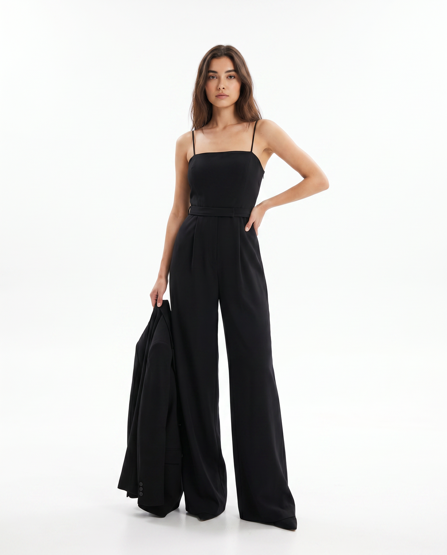 Black strappy wide-leg jumpsuit with sweetheart bodice and cinched waist