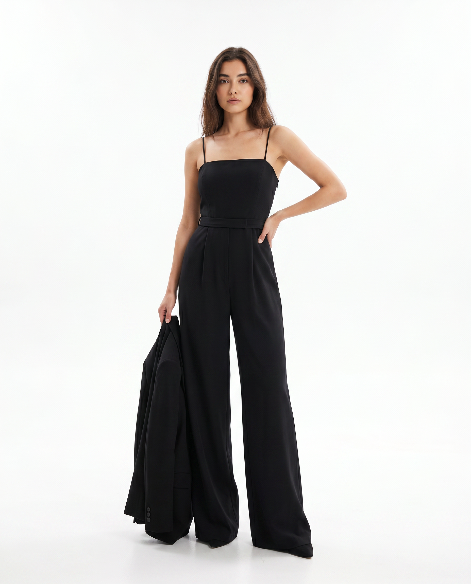 Black strappy wide-leg jumpsuit with sweetheart bodice and cinched waist