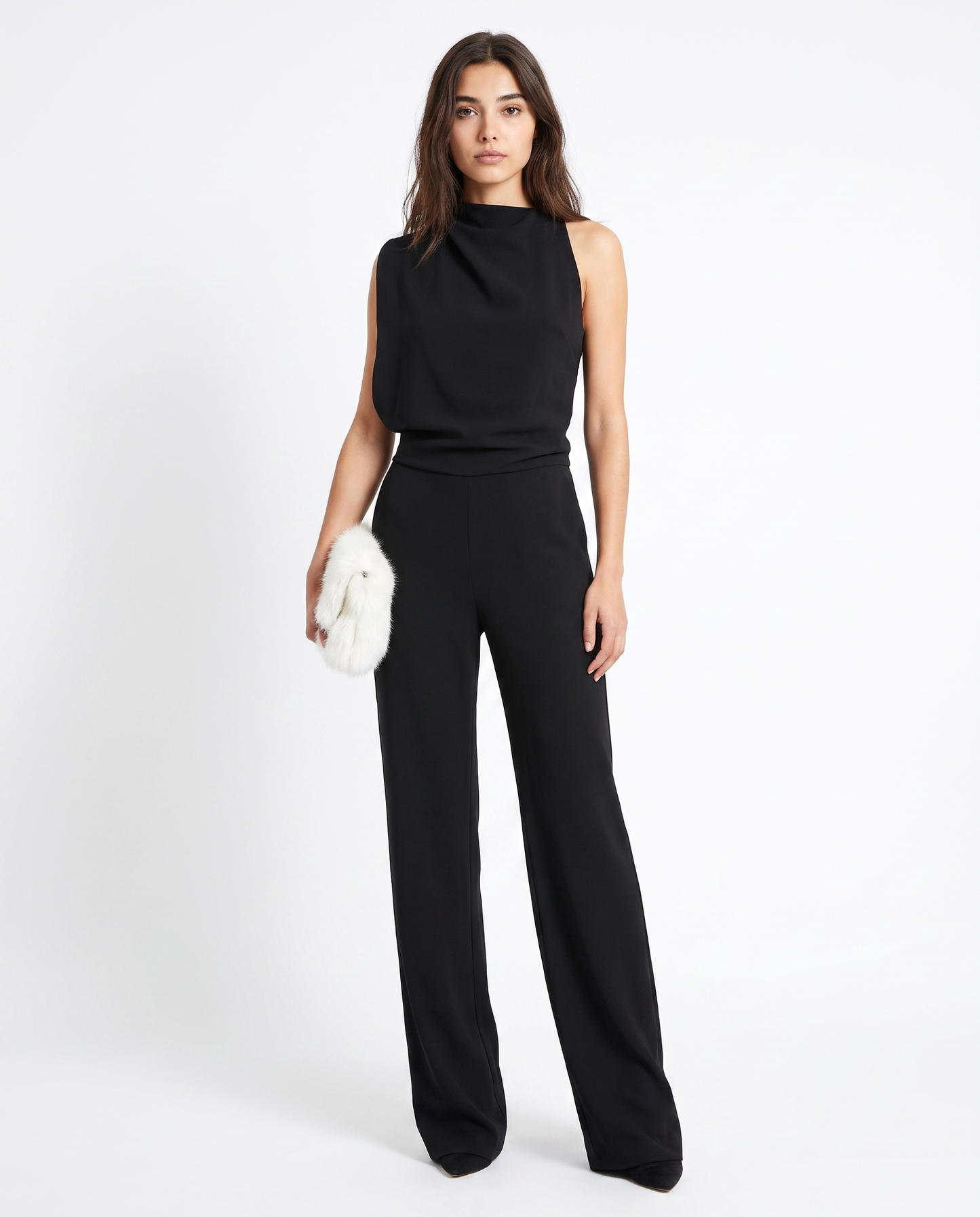 Black sleeveless belted jumpsuit with round neck and wide-leg pants.