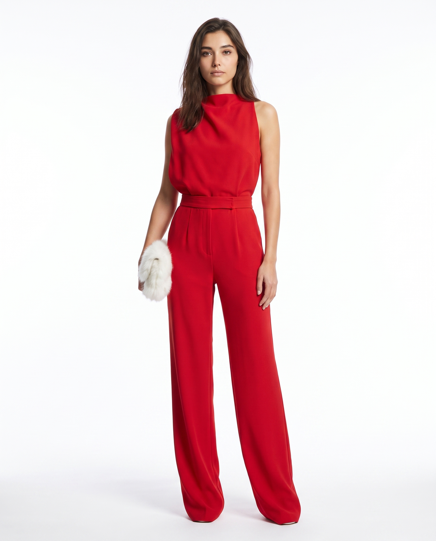 Red sleeveless belted jumpsuit with high round neckline and wide-leg pants.