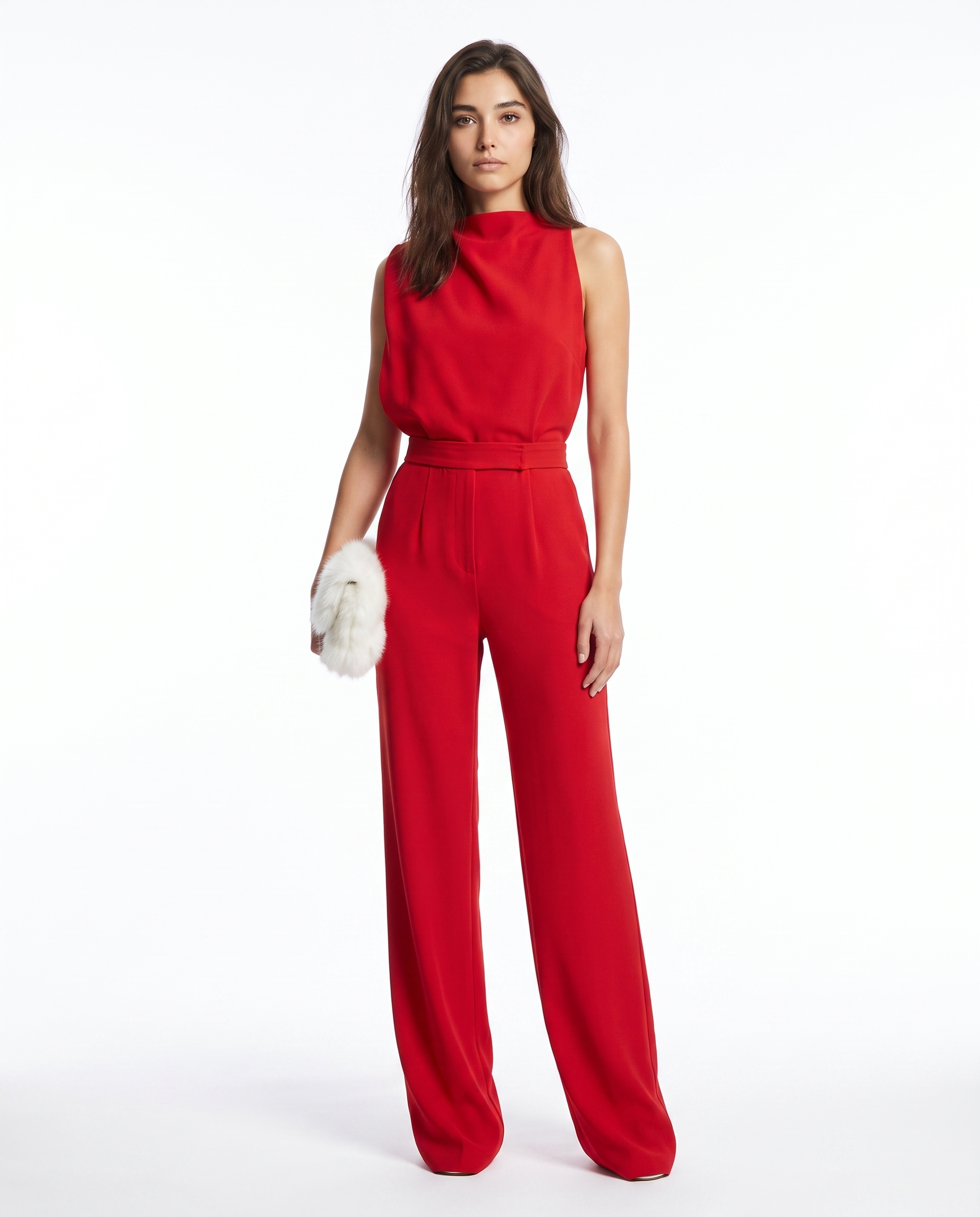 Red sleeveless belted jumpsuit with high round neckline and wide-leg pants.