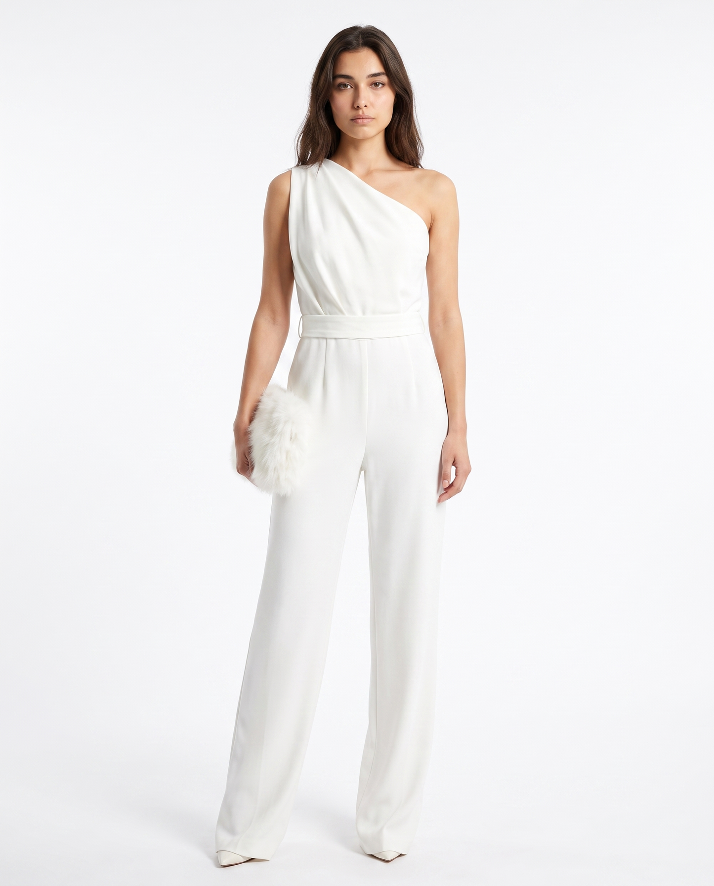 White sleeveless belted one-shoulder jumpsuit with wide-leg pants.