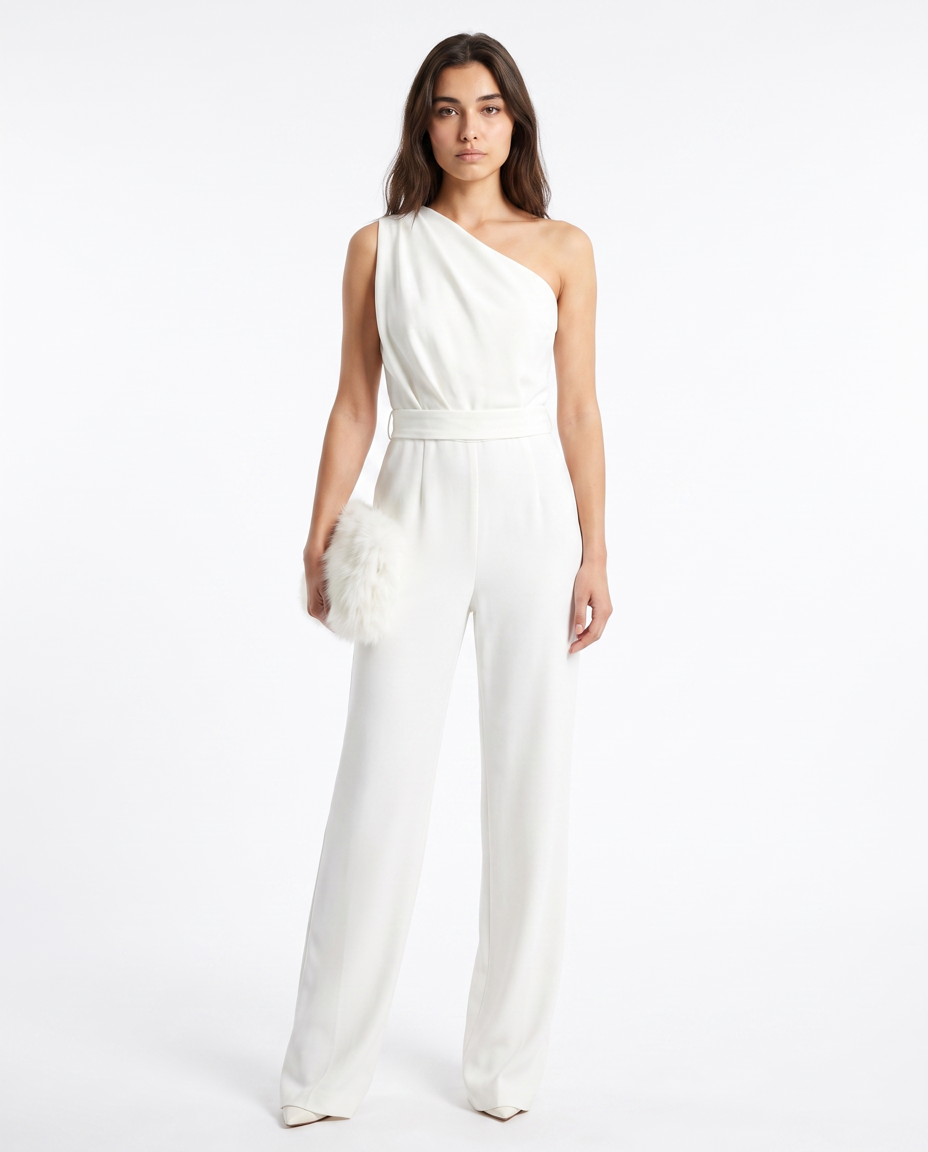 White sleeveless belted one-shoulder jumpsuit with wide-leg pants.
