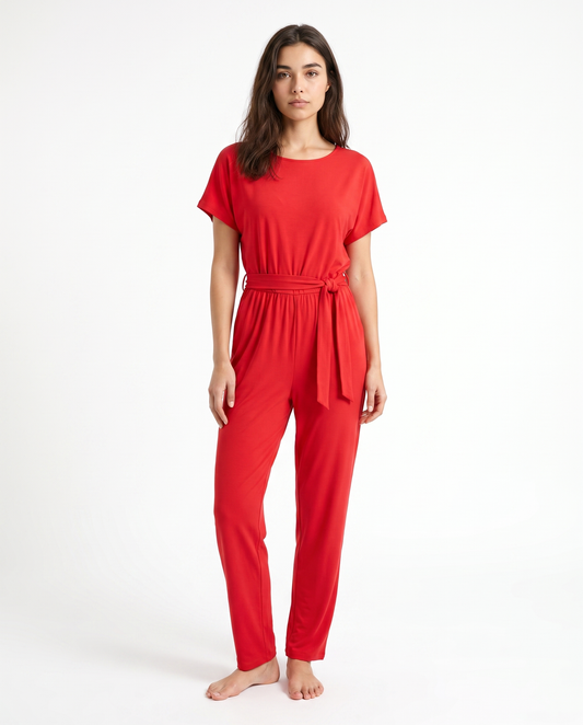Women's red short-sleeve wide-leg jumpsuit with tie waist belt