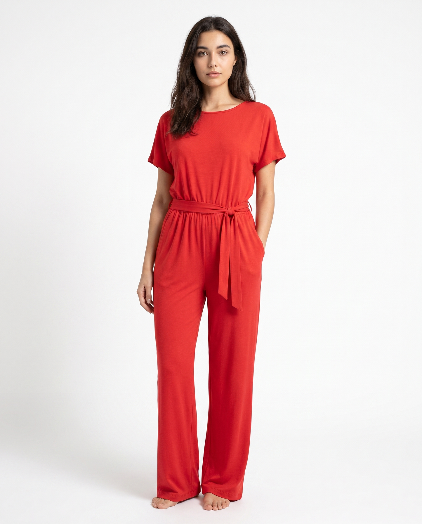 Women's red crew-neck wide-leg jumpsuit with tie waist belt