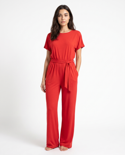 Women's red crew-neck wide-leg jumpsuit with tie waist belt